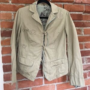 Quirky Embroidered Toggle Buttons Boho Cotton Khaki Lightweight Collar Jacket